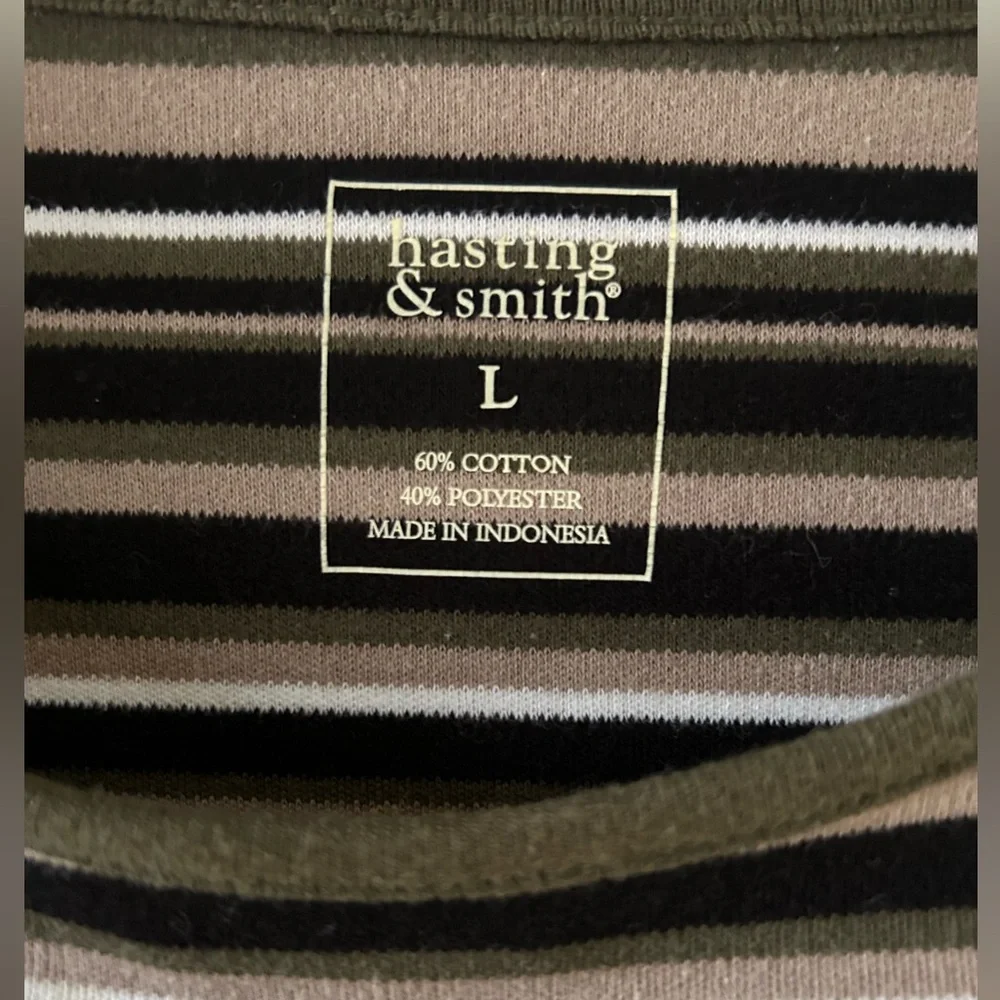 Black, Olive, Tan, and White Striped 3/4 Sleeve Top - Picture 5 of 5